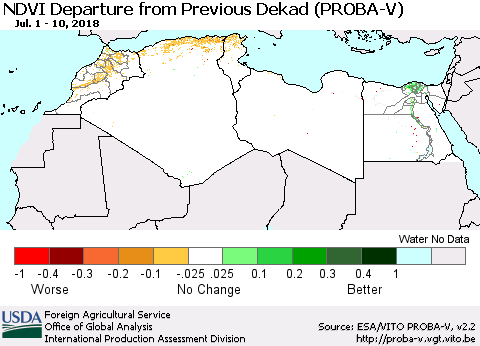 North Africa NDVI Departure from Previous Dekad (PROBA-V) Thematic Map For 7/1/2018 - 7/10/2018