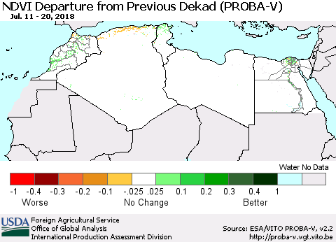 North Africa NDVI Departure from Previous Dekad (PROBA-V) Thematic Map For 7/11/2018 - 7/20/2018