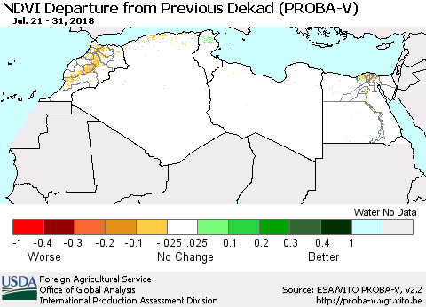 North Africa NDVI Departure from Previous Dekad (PROBA-V) Thematic Map For 7/21/2018 - 7/31/2018