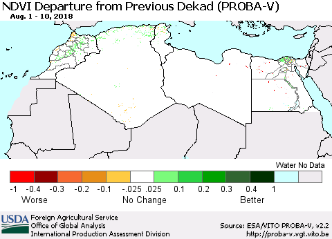 North Africa NDVI Departure from Previous Dekad (PROBA-V) Thematic Map For 8/1/2018 - 8/10/2018