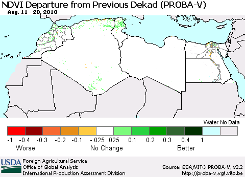 North Africa NDVI Departure from Previous Dekad (PROBA-V) Thematic Map For 8/11/2018 - 8/20/2018