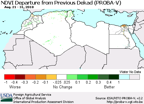 North Africa NDVI Departure from Previous Dekad (PROBA-V) Thematic Map For 8/21/2018 - 8/31/2018