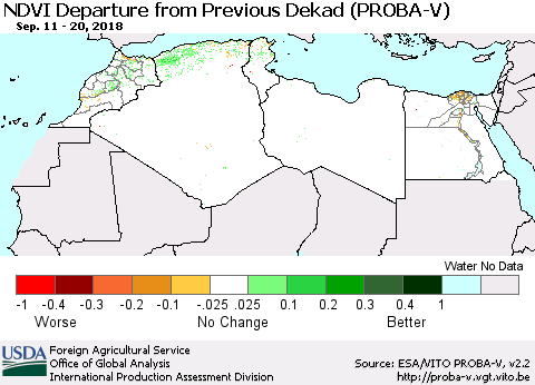North Africa NDVI Departure from Previous Dekad (PROBA-V) Thematic Map For 9/11/2018 - 9/20/2018
