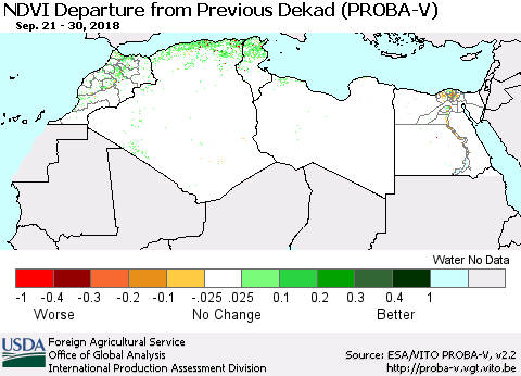North Africa NDVI Departure from Previous Dekad (PROBA-V) Thematic Map For 9/21/2018 - 9/30/2018