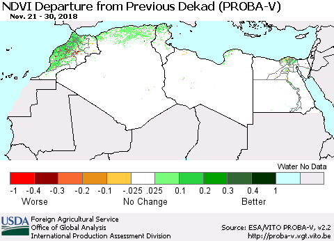 North Africa NDVI Departure from Previous Dekad (PROBA-V) Thematic Map For 11/21/2018 - 11/30/2018
