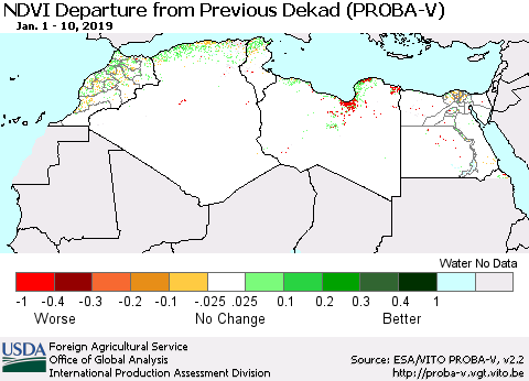 North Africa NDVI Departure from Previous Dekad (PROBA-V) Thematic Map For 1/1/2019 - 1/10/2019