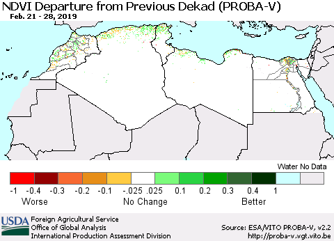 North Africa NDVI Departure from Previous Dekad (PROBA-V) Thematic Map For 2/21/2019 - 2/28/2019