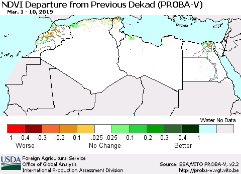 North Africa NDVI Departure from Previous Dekad (PROBA-V) Thematic Map For 3/1/2019 - 3/10/2019