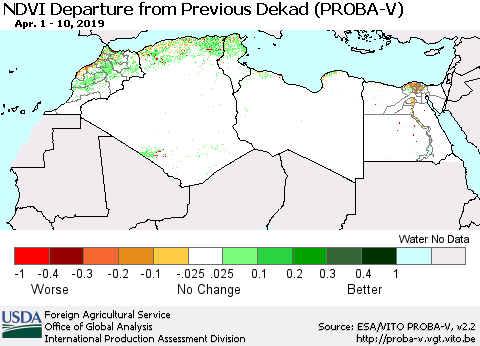 North Africa NDVI Departure from Previous Dekad (PROBA-V) Thematic Map For 4/1/2019 - 4/10/2019