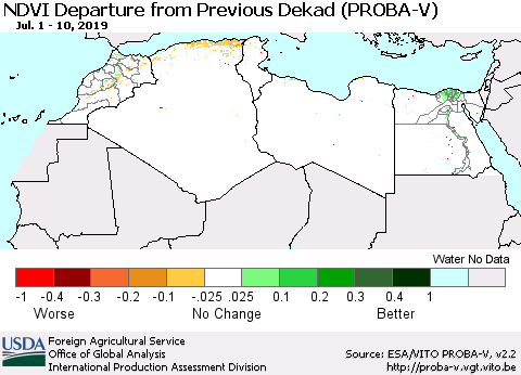 North Africa NDVI Departure from Previous Dekad (PROBA-V) Thematic Map For 7/1/2019 - 7/10/2019