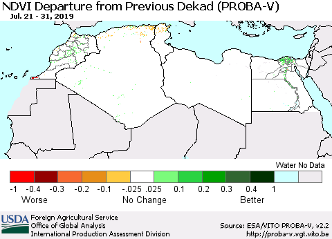 North Africa NDVI Departure from Previous Dekad (PROBA-V) Thematic Map For 7/21/2019 - 7/31/2019