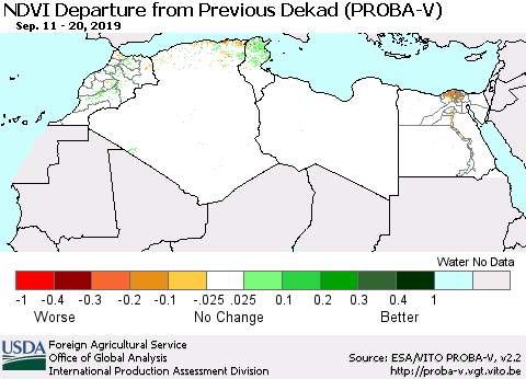 North Africa NDVI Departure from Previous Dekad (PROBA-V) Thematic Map For 9/11/2019 - 9/20/2019