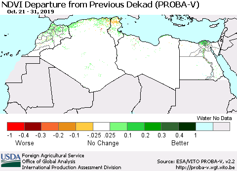 North Africa NDVI Departure from Previous Dekad (PROBA-V) Thematic Map For 10/21/2019 - 10/31/2019