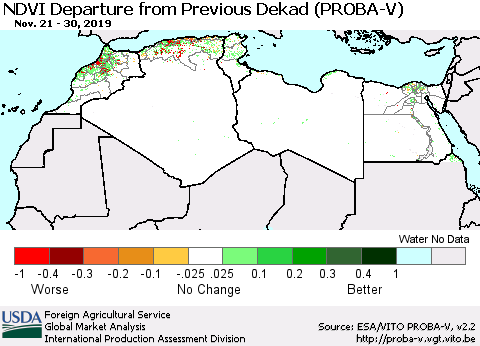North Africa NDVI Departure from Previous Dekad (PROBA-V) Thematic Map For 11/21/2019 - 11/30/2019