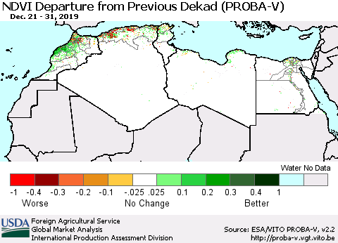 North Africa NDVI Departure from Previous Dekad (PROBA-V) Thematic Map For 12/21/2019 - 12/31/2019
