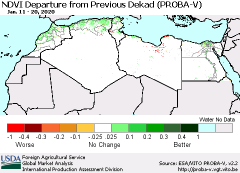 North Africa NDVI Departure from Previous Dekad (PROBA-V) Thematic Map For 1/11/2020 - 1/20/2020