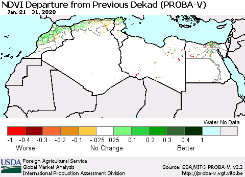 North Africa NDVI Departure from Previous Dekad (PROBA-V) Thematic Map For 1/21/2020 - 1/31/2020