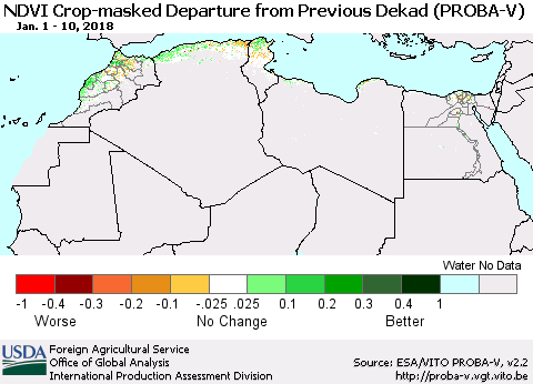 North Africa NDVI Crop-masked Departure from Previous Dekad (PROBA-V) Thematic Map For 1/1/2018 - 1/10/2018