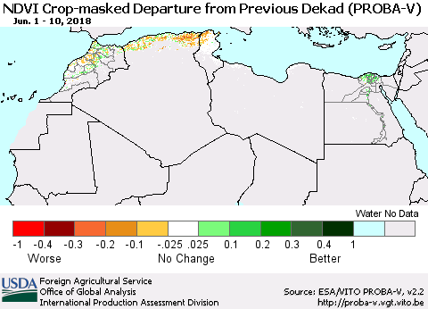 North Africa NDVI Crop-masked Departure from Previous Dekad (PROBA-V) Thematic Map For 6/1/2018 - 6/10/2018