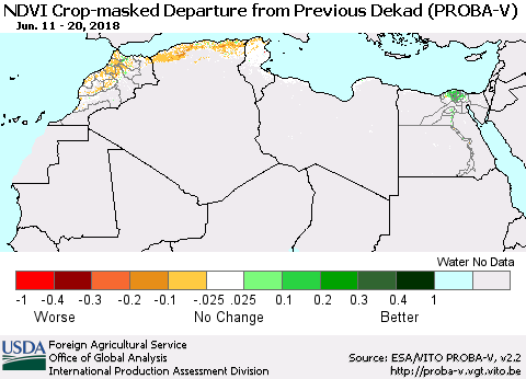 North Africa NDVI Crop-masked Departure from Previous Dekad (PROBA-V) Thematic Map For 6/11/2018 - 6/20/2018
