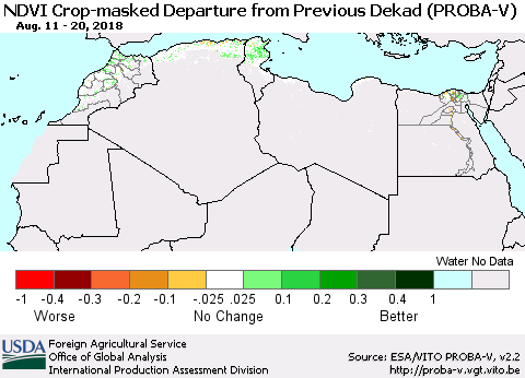North Africa NDVI Crop-masked Departure from Previous Dekad (PROBA-V) Thematic Map For 8/11/2018 - 8/20/2018