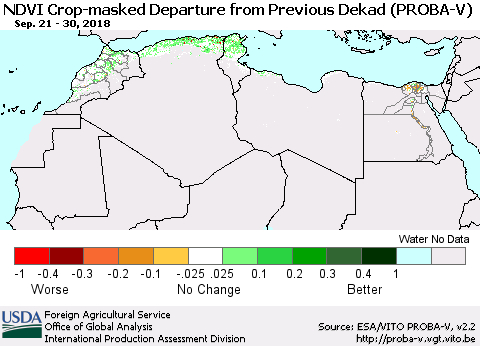 North Africa NDVI Crop-masked Departure from Previous Dekad (PROBA-V) Thematic Map For 9/21/2018 - 9/30/2018