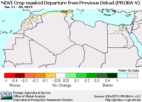 North Africa NDVI Crop-masked Departure from Previous Dekad (PROBA-V) Thematic Map For 1/11/2019 - 1/20/2019