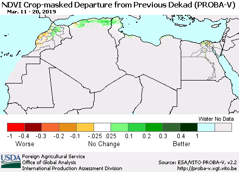 North Africa NDVI Crop-masked Departure from Previous Dekad (PROBA-V) Thematic Map For 3/11/2019 - 3/20/2019