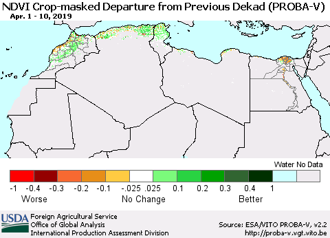 North Africa NDVI Crop-masked Departure from Previous Dekad (PROBA-V) Thematic Map For 4/1/2019 - 4/10/2019