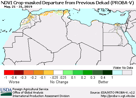 North Africa NDVI Crop-masked Departure from Previous Dekad (PROBA-V) Thematic Map For 5/21/2019 - 5/31/2019