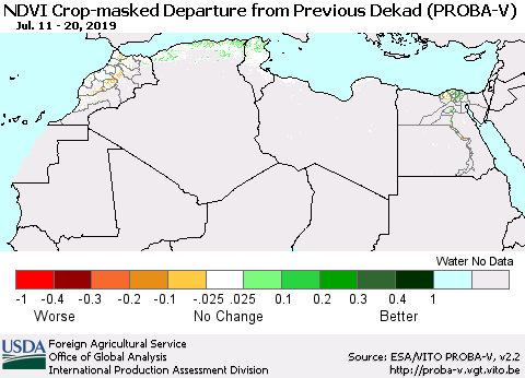 North Africa NDVI Crop-masked Departure from Previous Dekad (PROBA-V) Thematic Map For 7/11/2019 - 7/20/2019