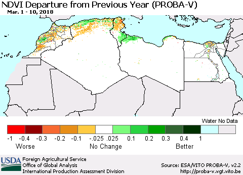 North Africa NDVI Departure from Previous Year (PROBA-V) Thematic Map For 3/1/2018 - 3/10/2018