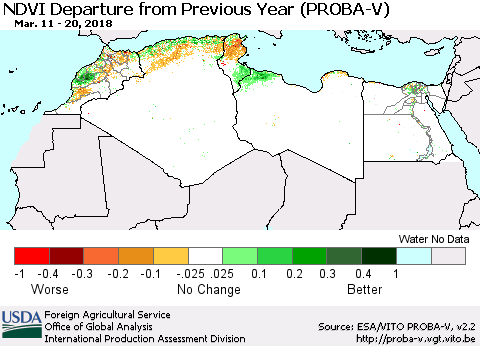 North Africa NDVI Departure from Previous Year (PROBA-V) Thematic Map For 3/11/2018 - 3/20/2018