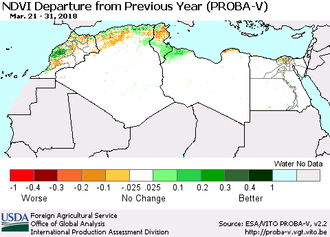 North Africa NDVI Departure from Previous Year (PROBA-V) Thematic Map For 3/21/2018 - 3/31/2018