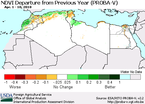 North Africa NDVI Departure from Previous Year (PROBA-V) Thematic Map For 4/1/2018 - 4/10/2018