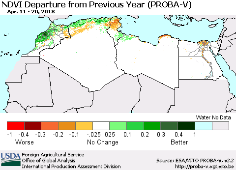 North Africa NDVI Departure from Previous Year (PROBA-V) Thematic Map For 4/11/2018 - 4/20/2018