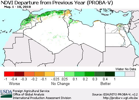 North Africa NDVI Departure from Previous Year (PROBA-V) Thematic Map For 5/1/2018 - 5/10/2018