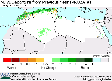 North Africa NDVI Departure from Previous Year (PROBA-V) Thematic Map For 5/11/2018 - 5/20/2018