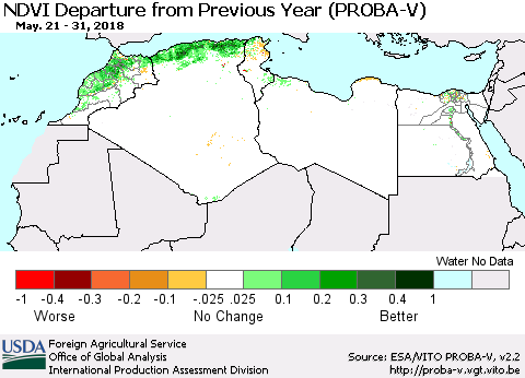 North Africa NDVI Departure from Previous Year (PROBA-V) Thematic Map For 5/21/2018 - 5/31/2018