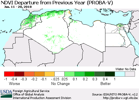 North Africa NDVI Departure from Previous Year (PROBA-V) Thematic Map For 6/11/2018 - 6/20/2018