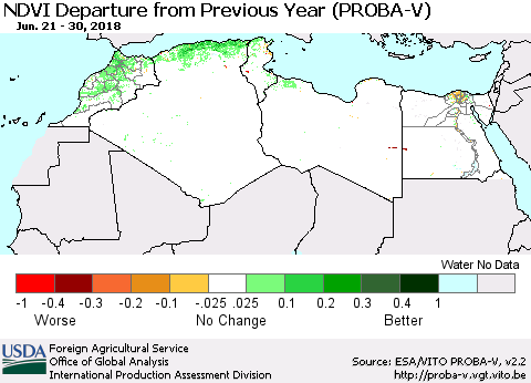 North Africa NDVI Departure from Previous Year (PROBA-V) Thematic Map For 6/21/2018 - 6/30/2018