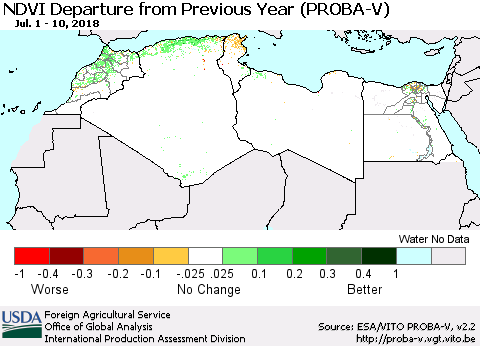 North Africa NDVI Departure from Previous Year (PROBA-V) Thematic Map For 7/1/2018 - 7/10/2018