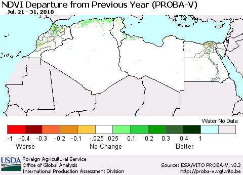 North Africa NDVI Departure from Previous Year (PROBA-V) Thematic Map For 7/21/2018 - 7/31/2018