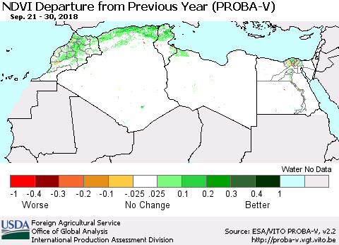 North Africa NDVI Departure from Previous Year (PROBA-V) Thematic Map For 9/21/2018 - 9/30/2018