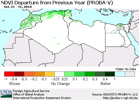 North Africa NDVI Departure from Previous Year (PROBA-V) Thematic Map For 10/21/2018 - 10/31/2018