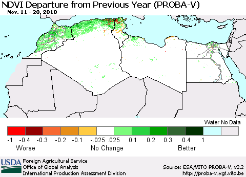 North Africa NDVI Departure from Previous Year (PROBA-V) Thematic Map For 11/11/2018 - 11/20/2018
