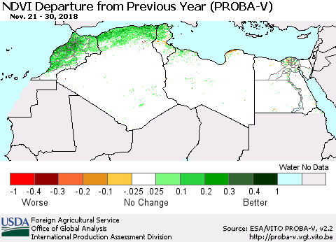 North Africa NDVI Departure from Previous Year (PROBA-V) Thematic Map For 11/21/2018 - 11/30/2018