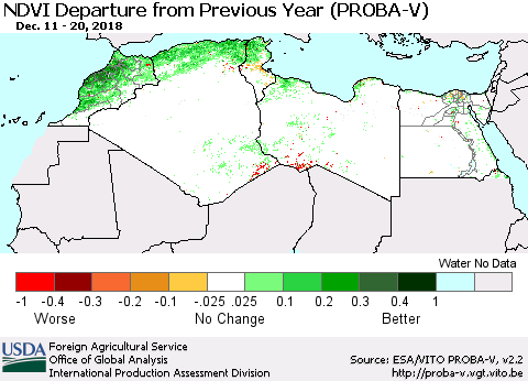 North Africa NDVI Departure from Previous Year (PROBA-V) Thematic Map For 12/11/2018 - 12/20/2018