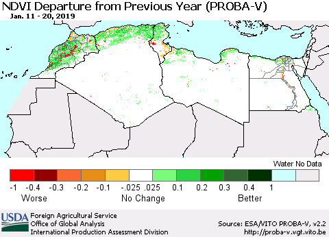 North Africa NDVI Departure from Previous Year (PROBA-V) Thematic Map For 1/11/2019 - 1/20/2019