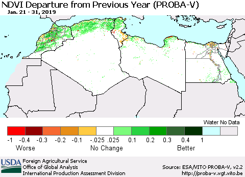 North Africa NDVI Departure from Previous Year (PROBA-V) Thematic Map For 1/21/2019 - 1/31/2019